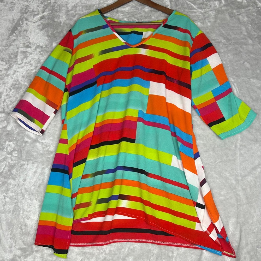 XL Colorful‎ Tunic Top Swimsuit cover up Multicolor Print 3/4 Sleeve Vibrant